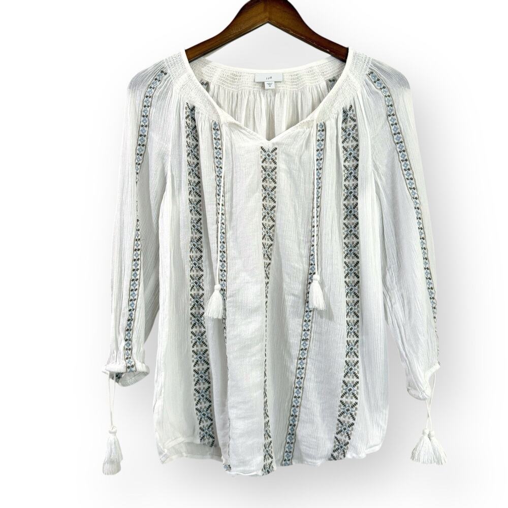 J. Jill White Embroidered Peasant Blouse XS Crinkle Tassel Smocked V-Neck Top